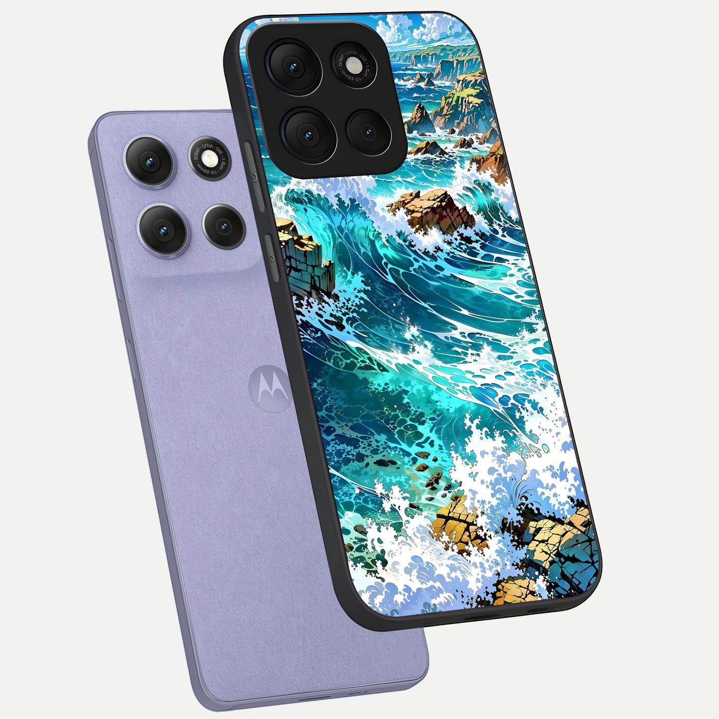  Coastal Blue Waves phone case For Moto G86 Power showing premium glass back cover with detailed artwork