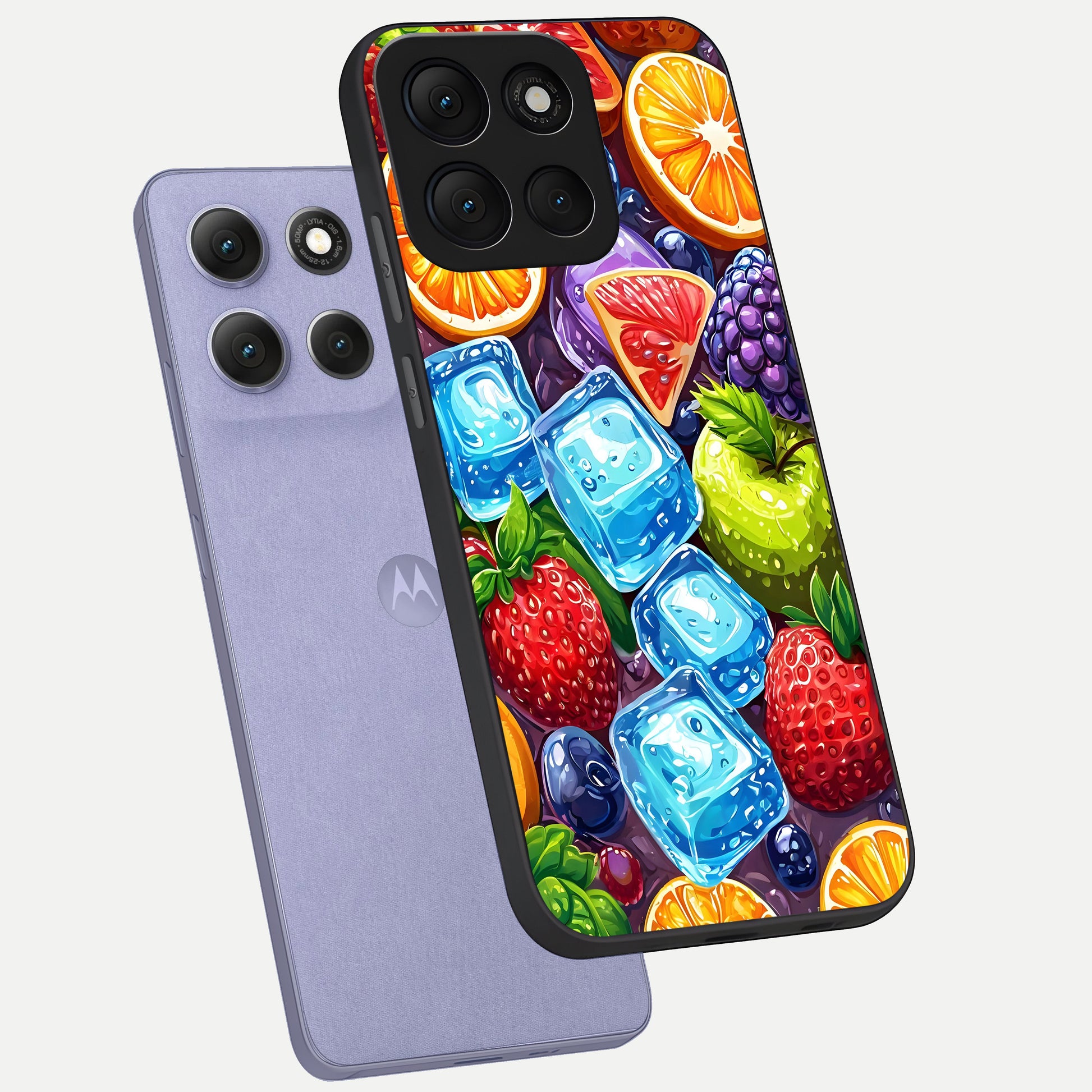  Colorful Fruits with Ice phone case For Moto G86 Power showing premium glass back cover with detailed artwork