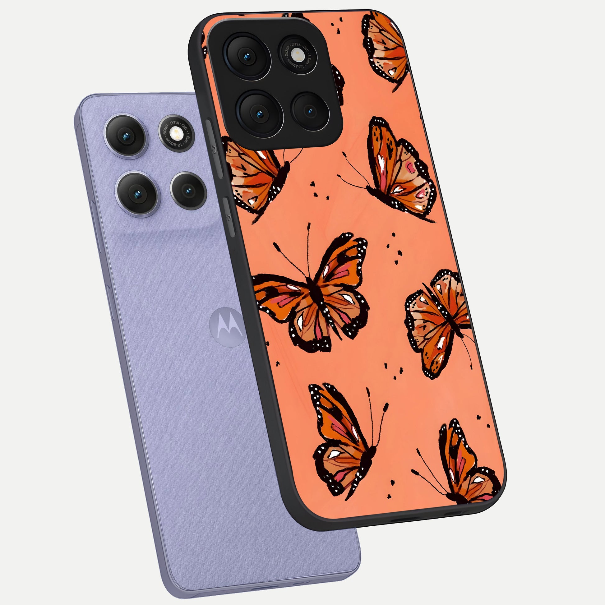  Coral Wing Butterfly phone case For Moto G86 Power showing premium glass back cover with detailed artwork