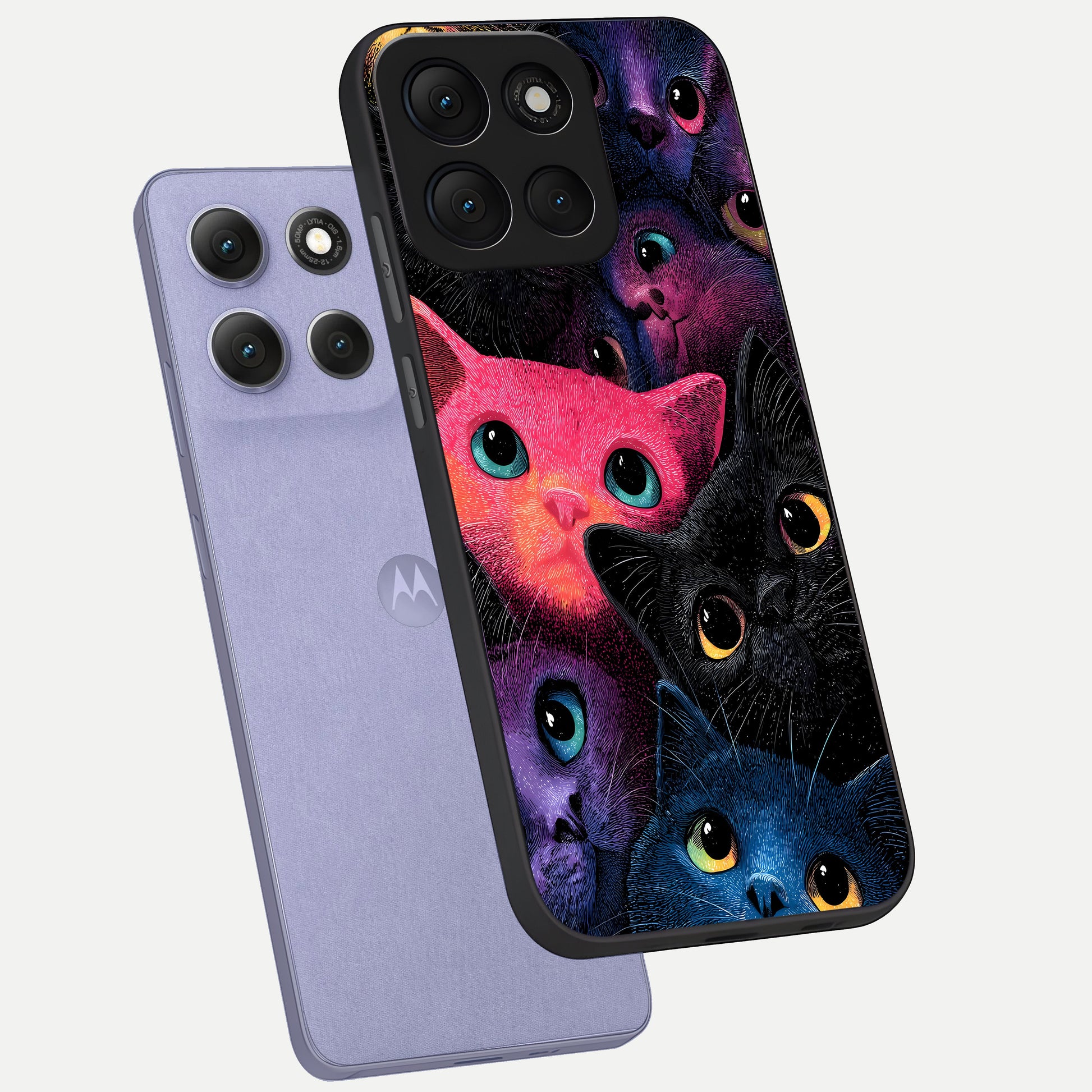  Cosmic Cats Dreams phone case For Moto G86 Power showing premium glass back cover with detailed artwork