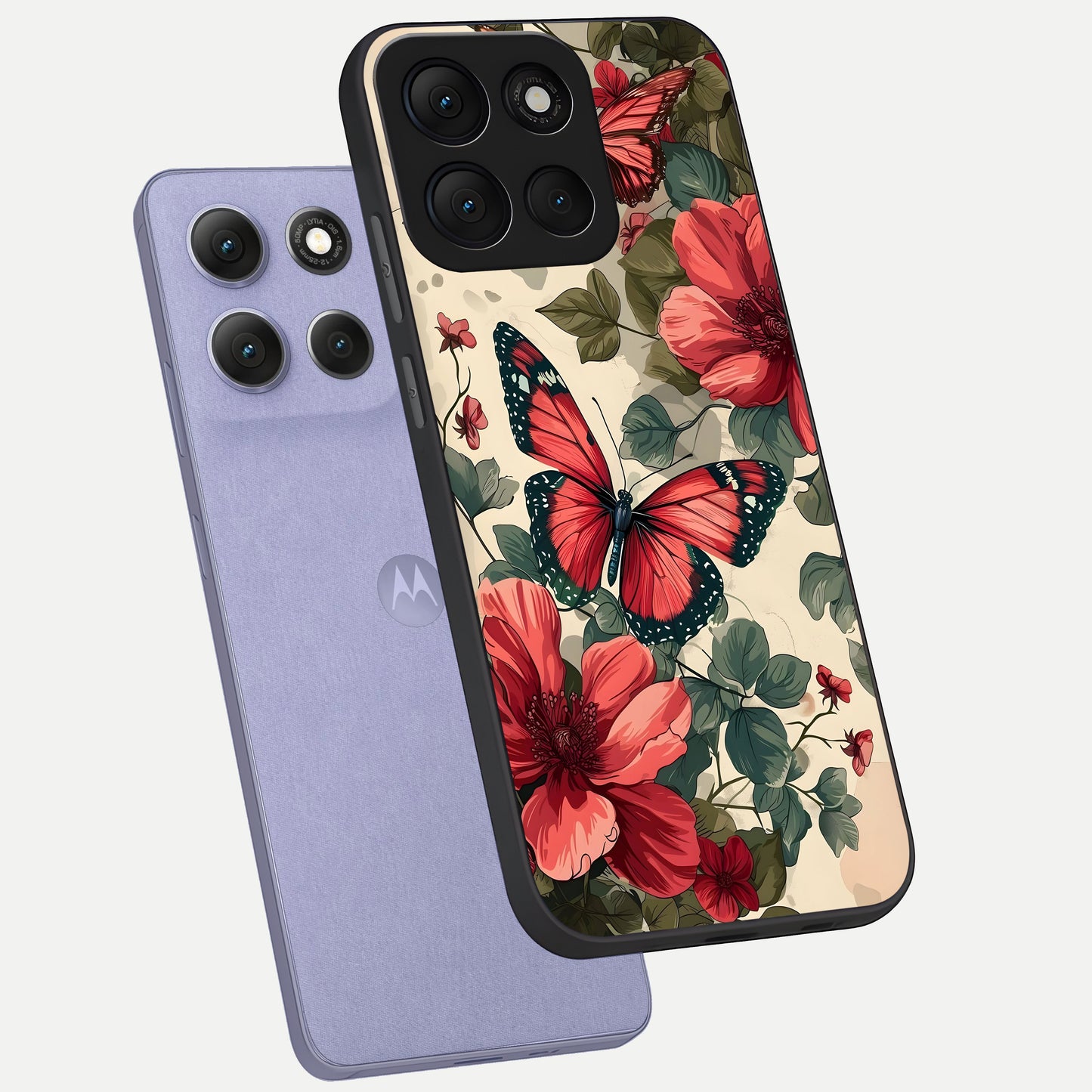  Crimson Butterfly Garden phone case For Moto G86 Power showing premium glass back cover with detailed artwork