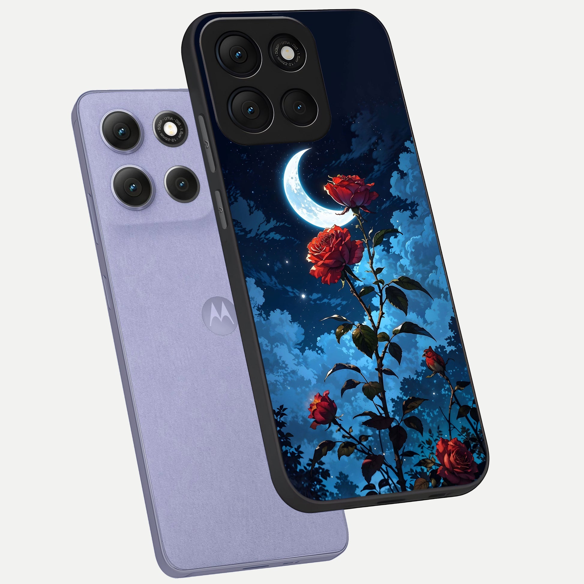  Crimson Rose Moon phone case For Moto G86 Power showing premium glass back cover with detailed artwork