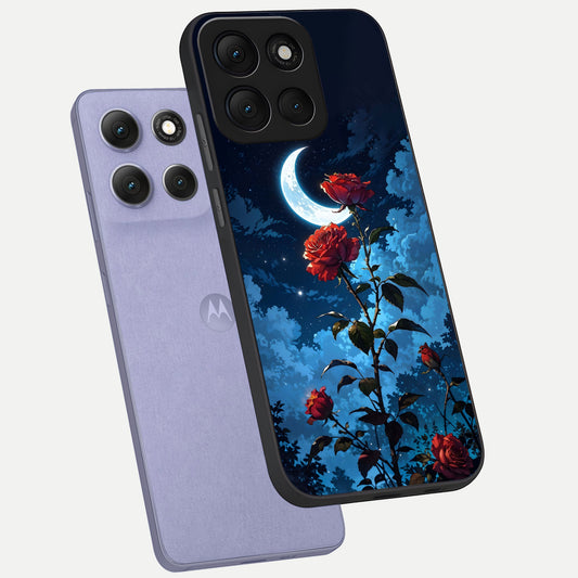  Crimson Rose Moon phone case For Moto G86 Power showing premium glass back cover with detailed artwork
