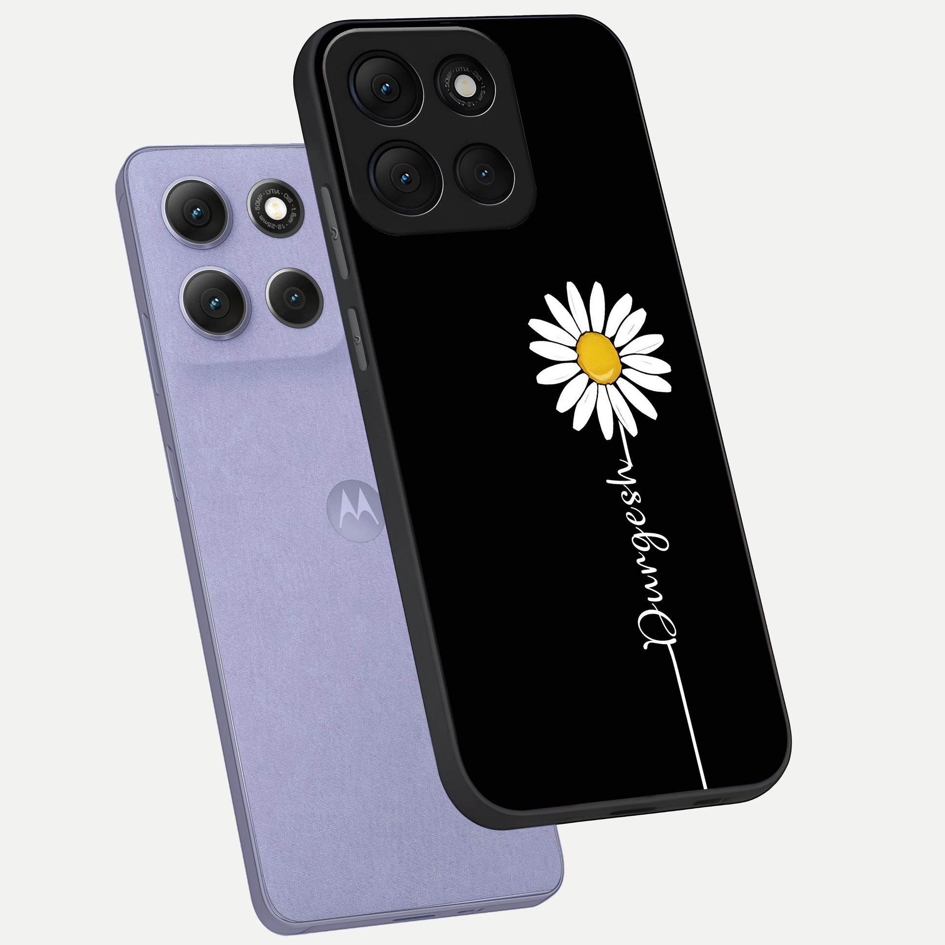  Custom Name White Flower phone case For Moto G86 Power showing premium glass back cover with detailed artwork