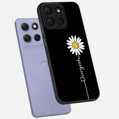  Custom Name White Flower phone case For Moto G86 Power showing premium glass back cover with detailed artwork