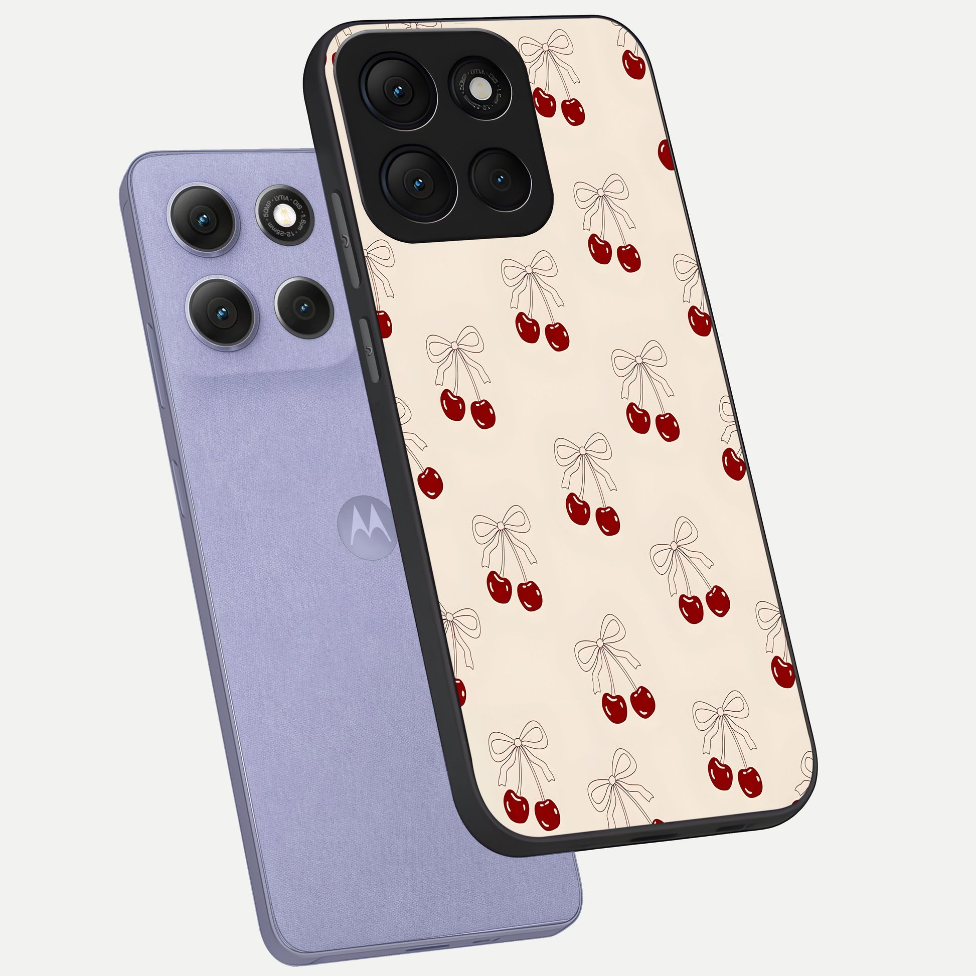 Cute Cherry Pattern phone case For Moto G86 Power showing premium glass back cover with detailed artwork