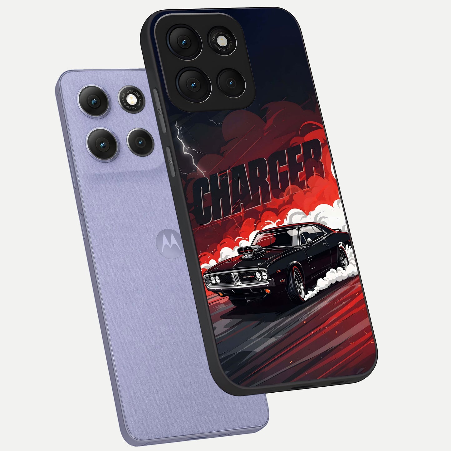  Dark Charger Fury phone case For Moto G86 Power showing premium glass back cover with detailed artwork