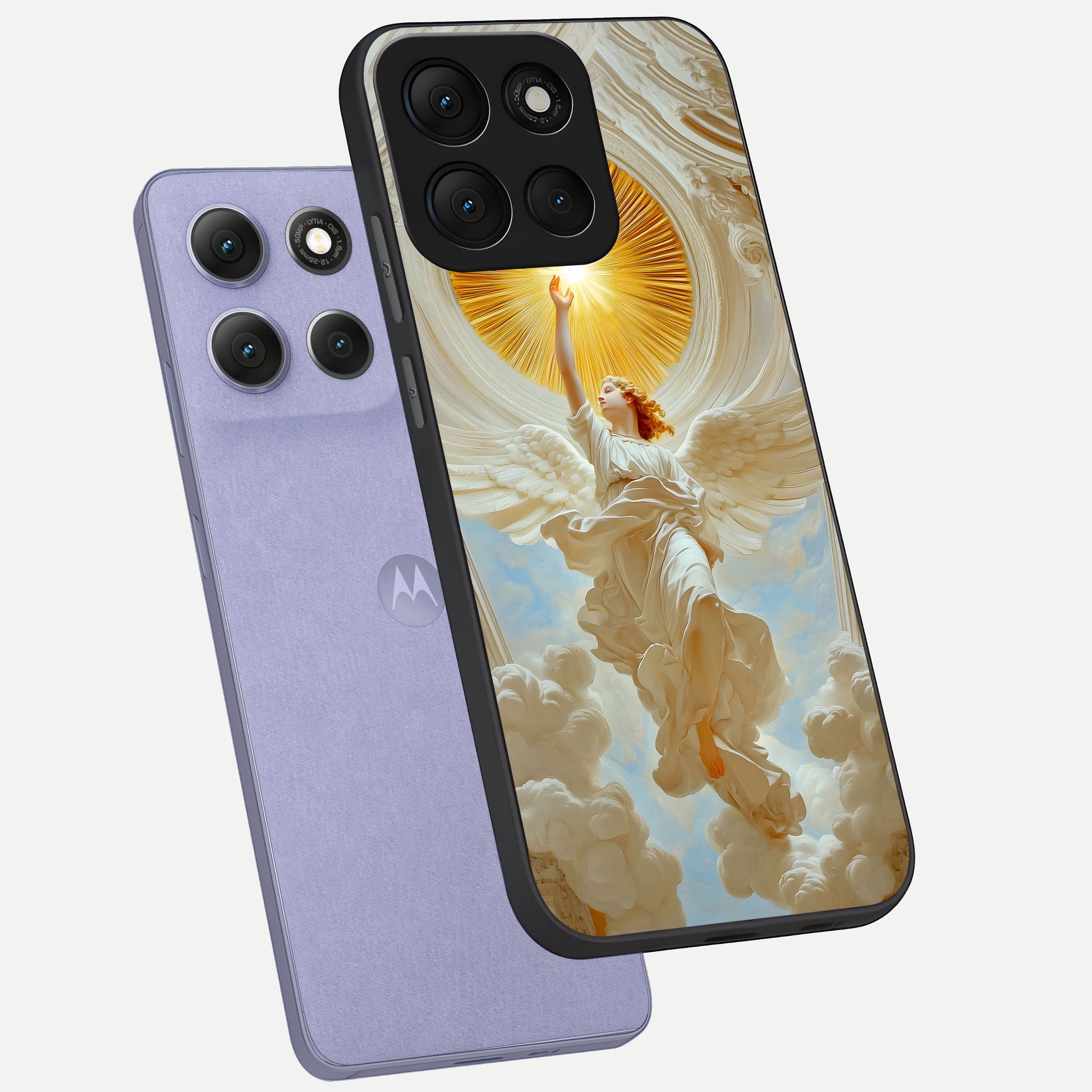  Divine Light Angel phone case For Moto G86 Power showing premium glass back cover with detailed artwork