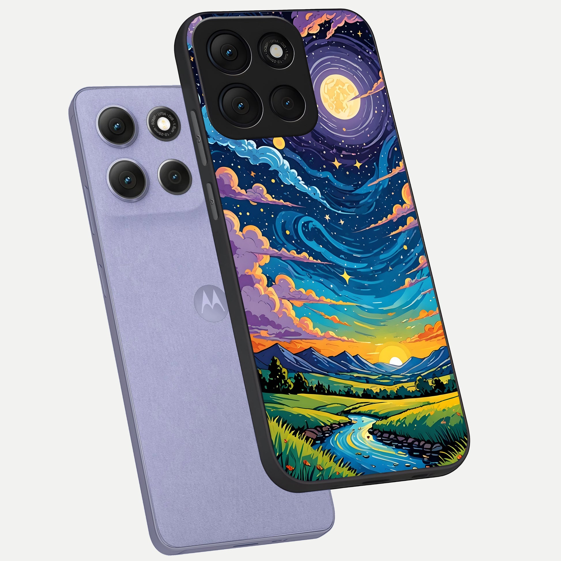  Dreamy Night Landscape phone case For Moto G86 Power showing premium glass back cover with detailed artwork
