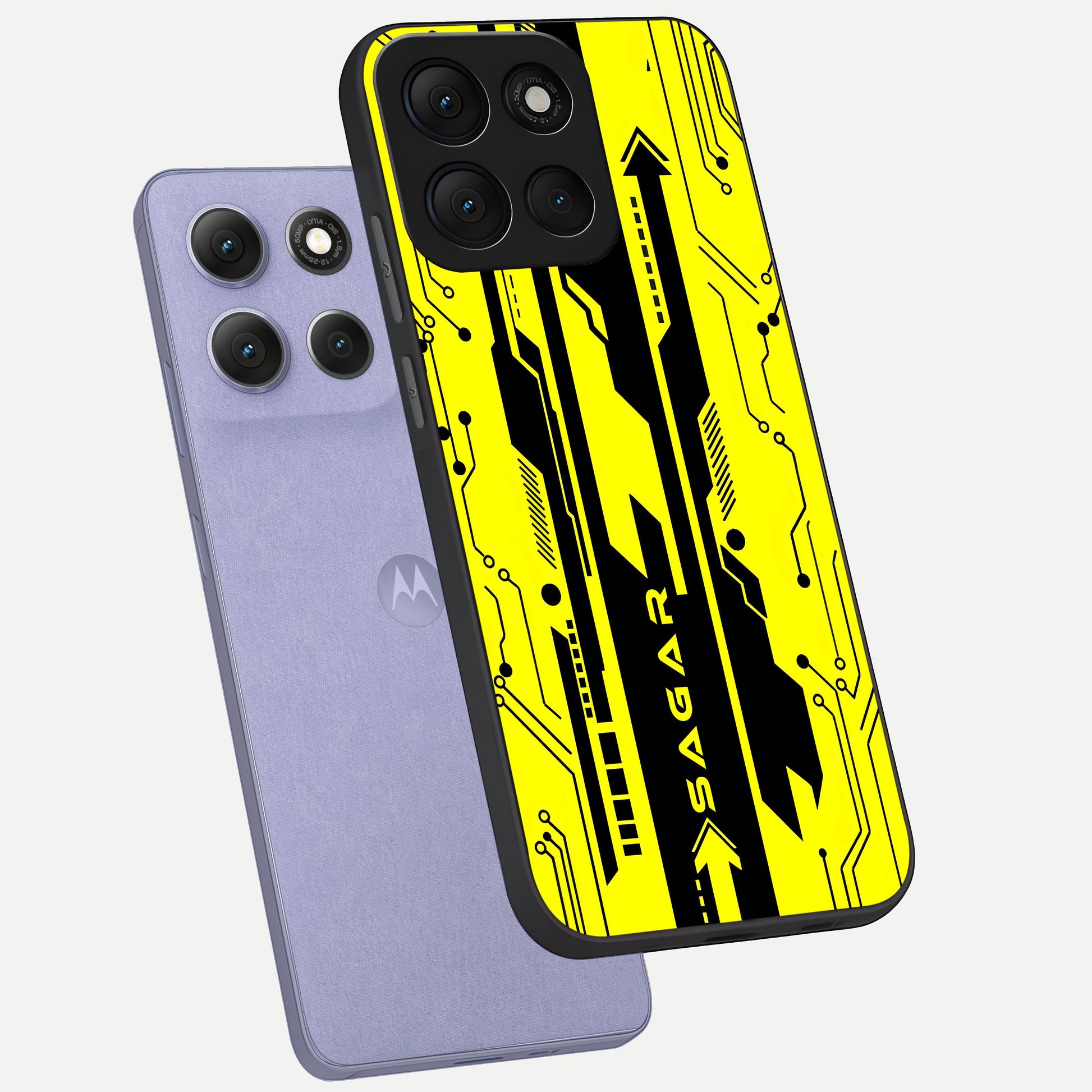  Electric Pulse CYBERPUNK Custom Name phone case For Moto G86 Power showing premium glass back cover with detailed artwork
