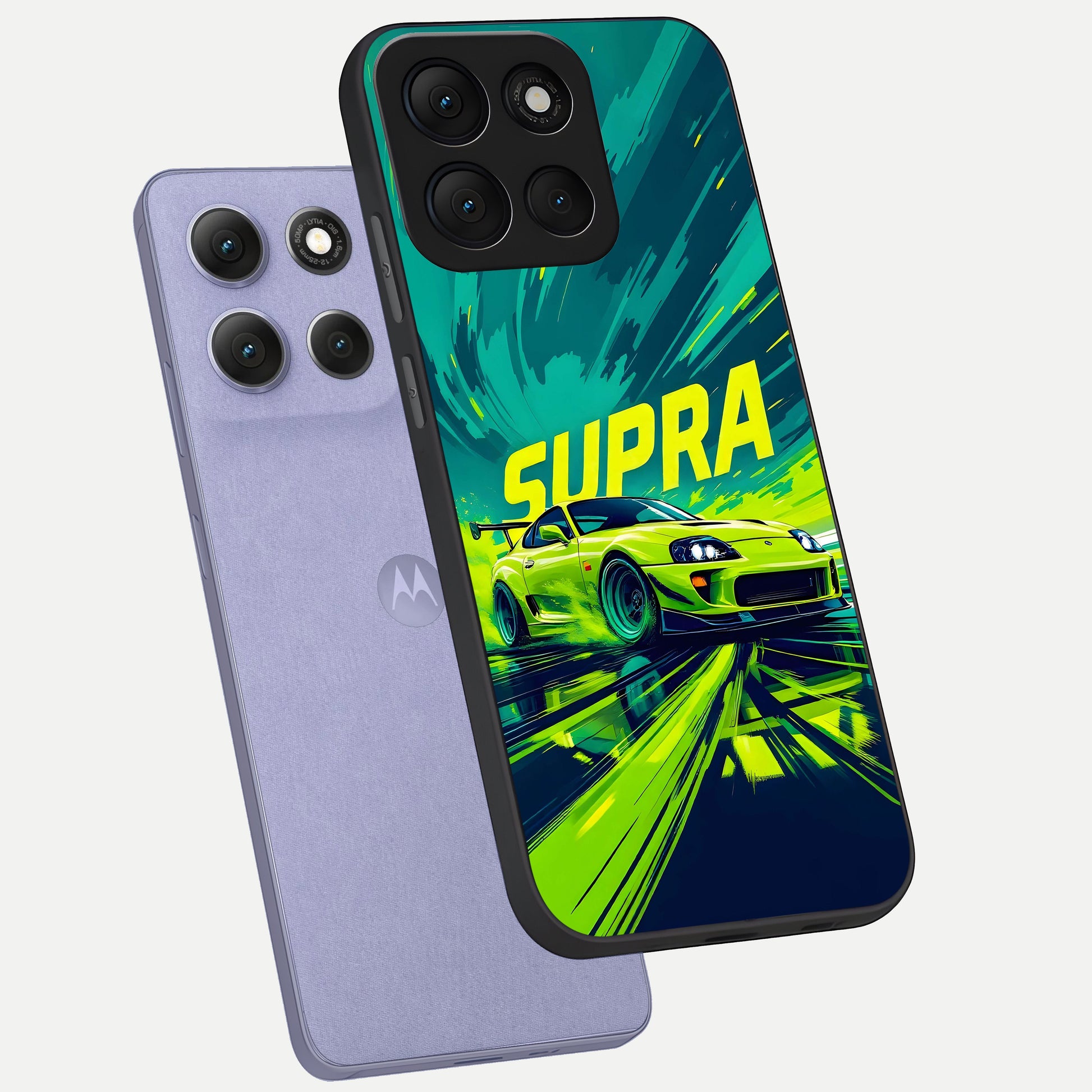  Electric Supra Thunder phone case For Moto G86 Power showing premium glass back cover with detailed artwork