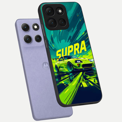  Electric Supra Thunder phone case For Moto G86 Power showing premium glass back cover with detailed artwork
