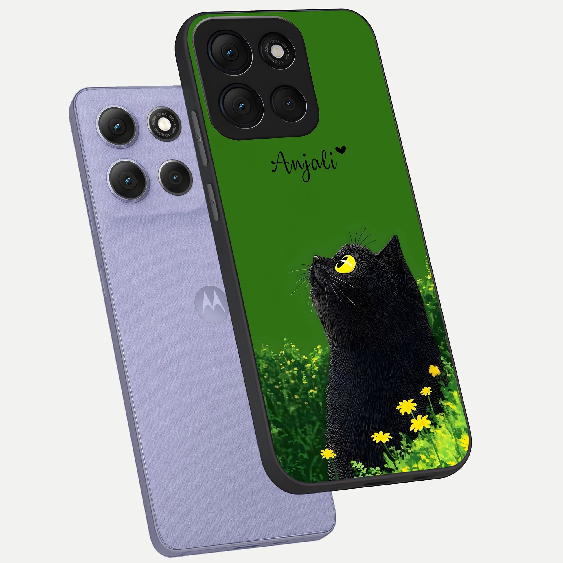  Emerald Cat Custom Name phone case For Moto G86 Power showing premium glass back cover with detailed artwork