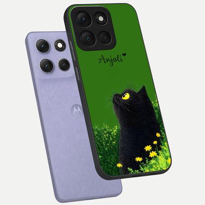  Emerald Cat Custom Name phone case For Moto G86 Power showing premium glass back cover with detailed artwork