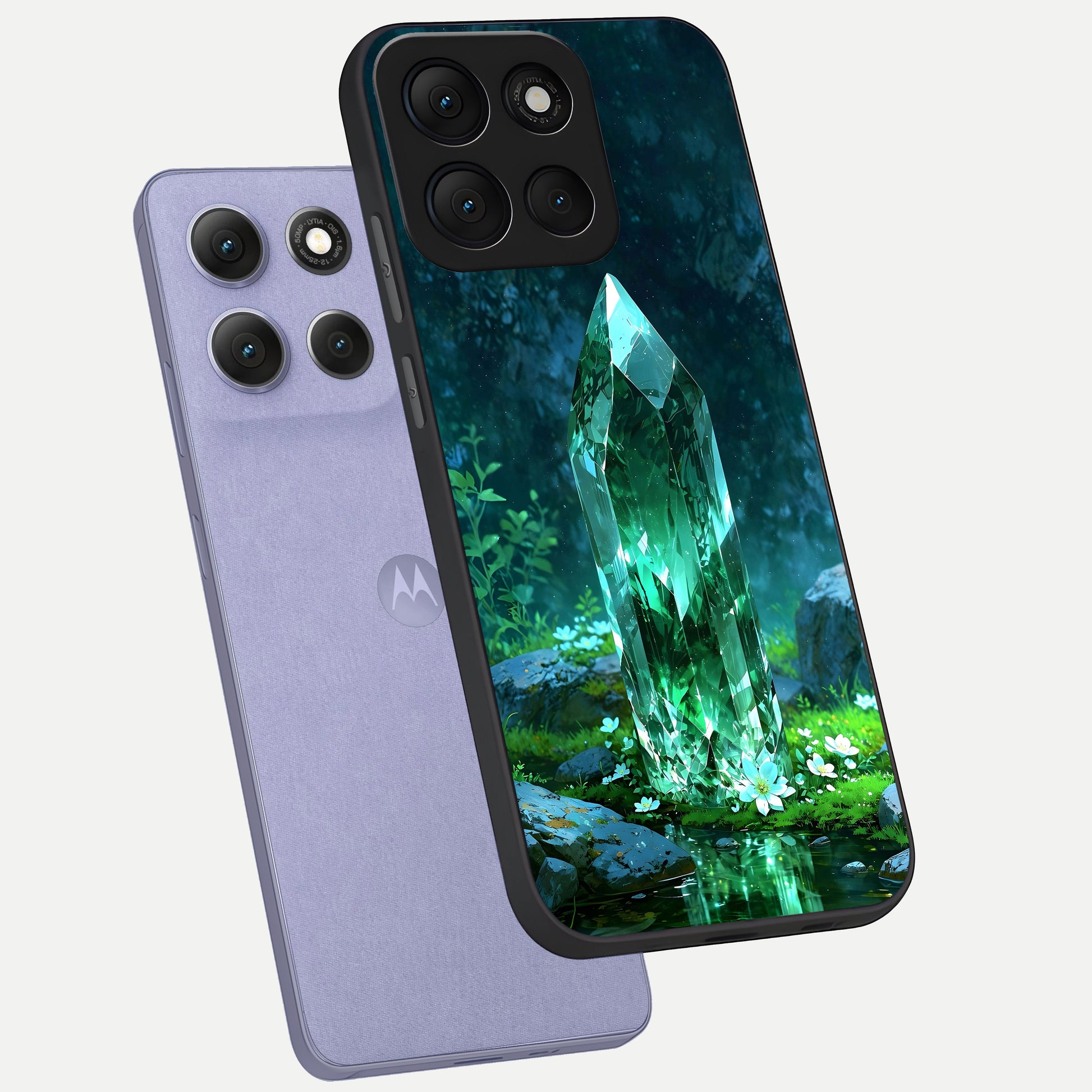  Emerald Light Crystal phone case For Moto G86 Power showing premium glass back cover with detailed artwork