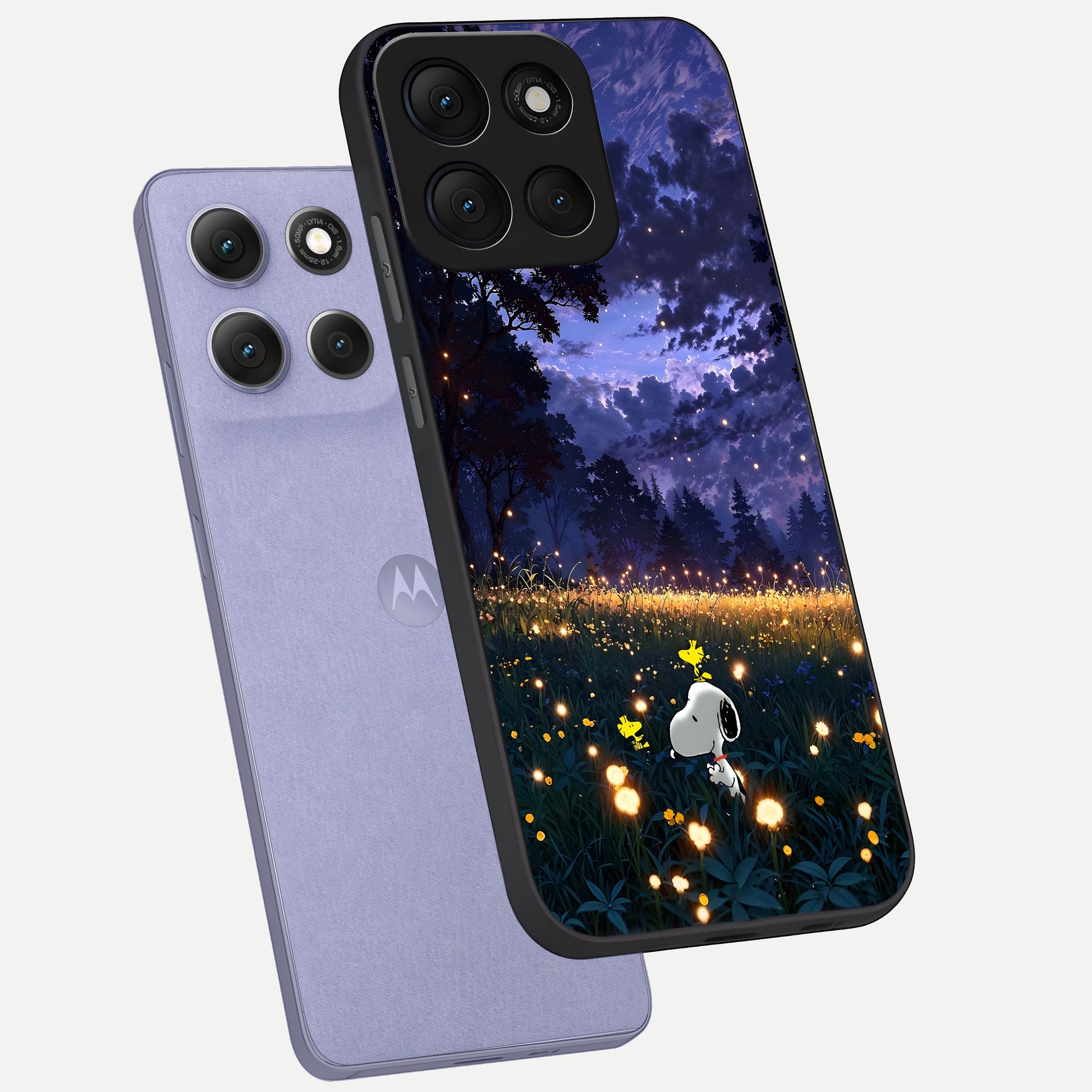  Firefly Meadow Magic phone case For Moto G86 Power showing premium glass back cover with detailed artwork