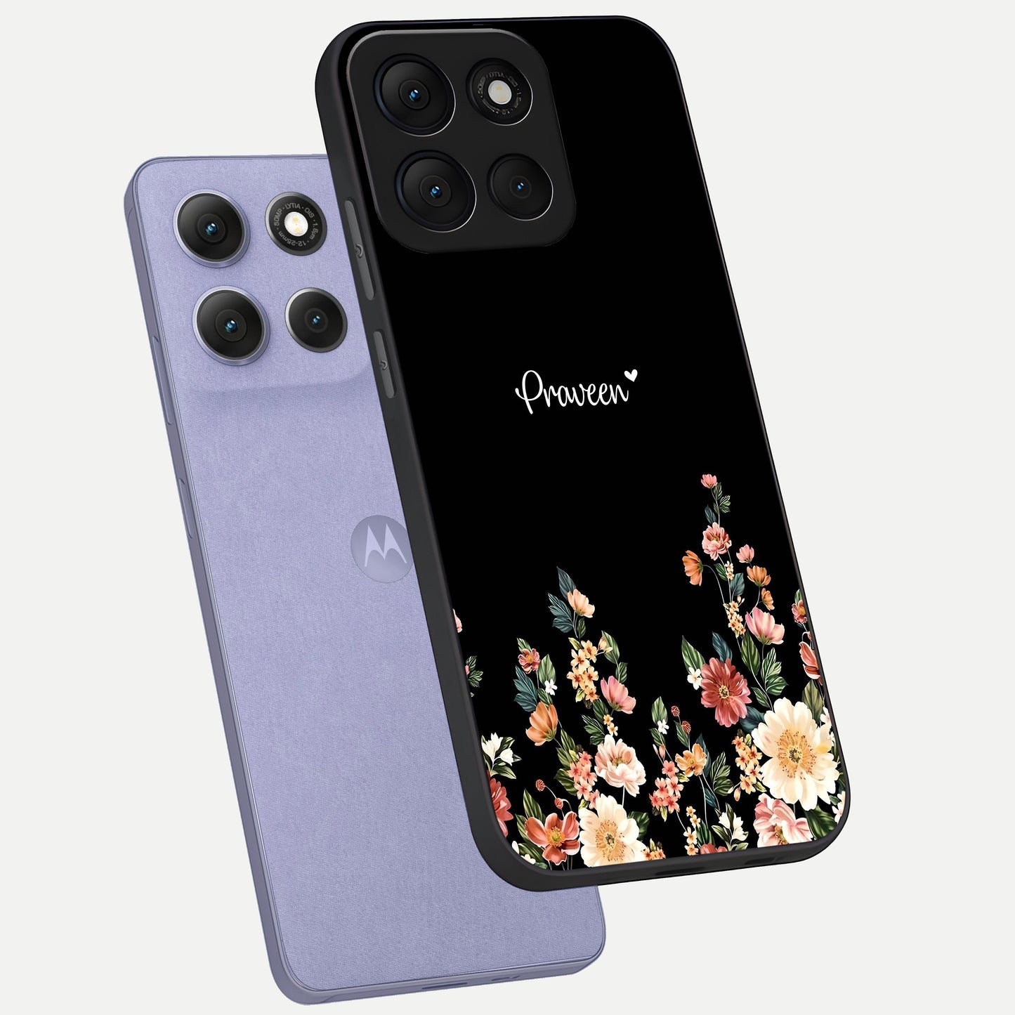  Floral Design Personalized Custom Name phone case For Moto G86 Power showing premium glass back cover with detailed artwork