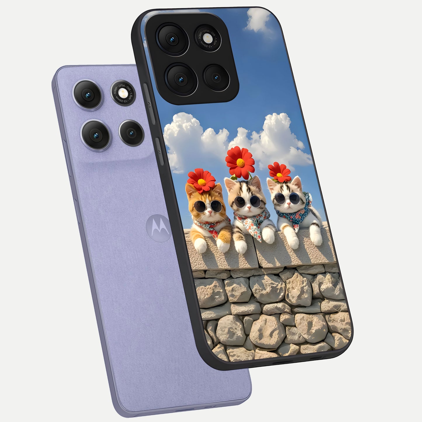  Floral Kitty Squad phone case For Moto G86 Power showing premium glass back cover with detailed artwork