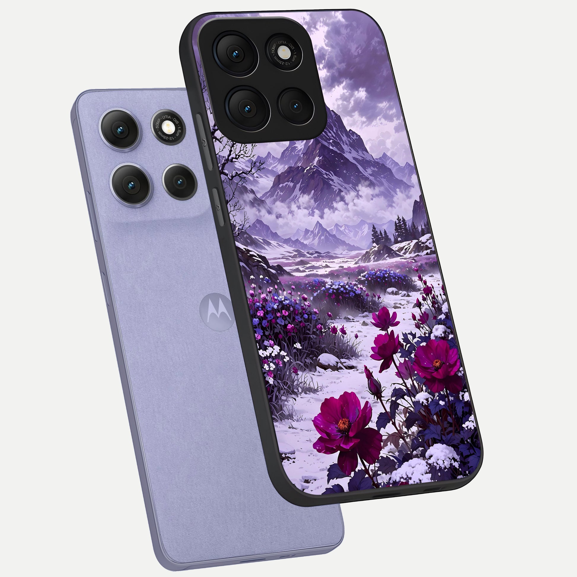  Flower Mountain View phone case For Moto G86 Power showing premium glass back cover with detailed artwork