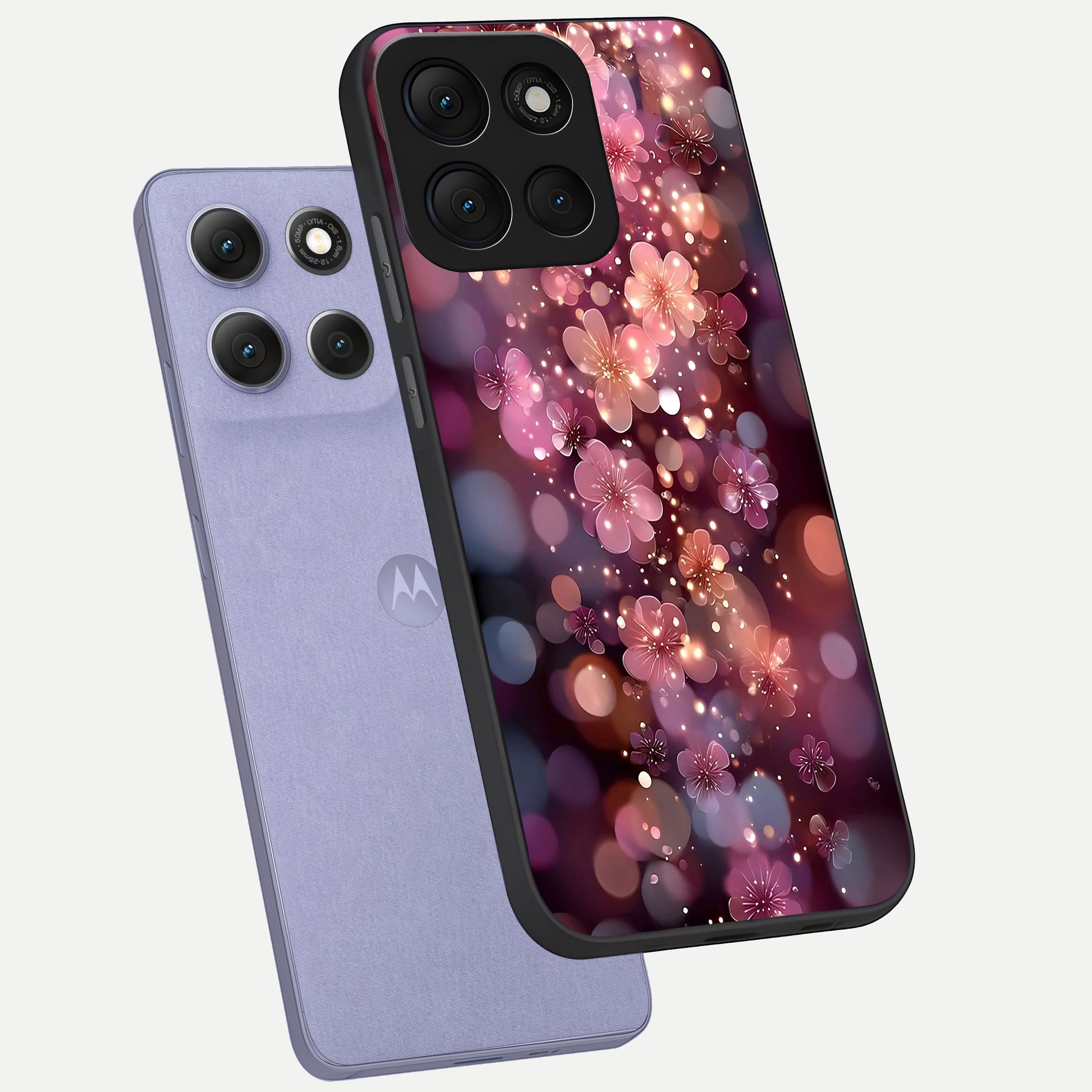  Glowing Petal Bliss phone case For Moto G86 Power showing premium glass back cover with detailed artwork