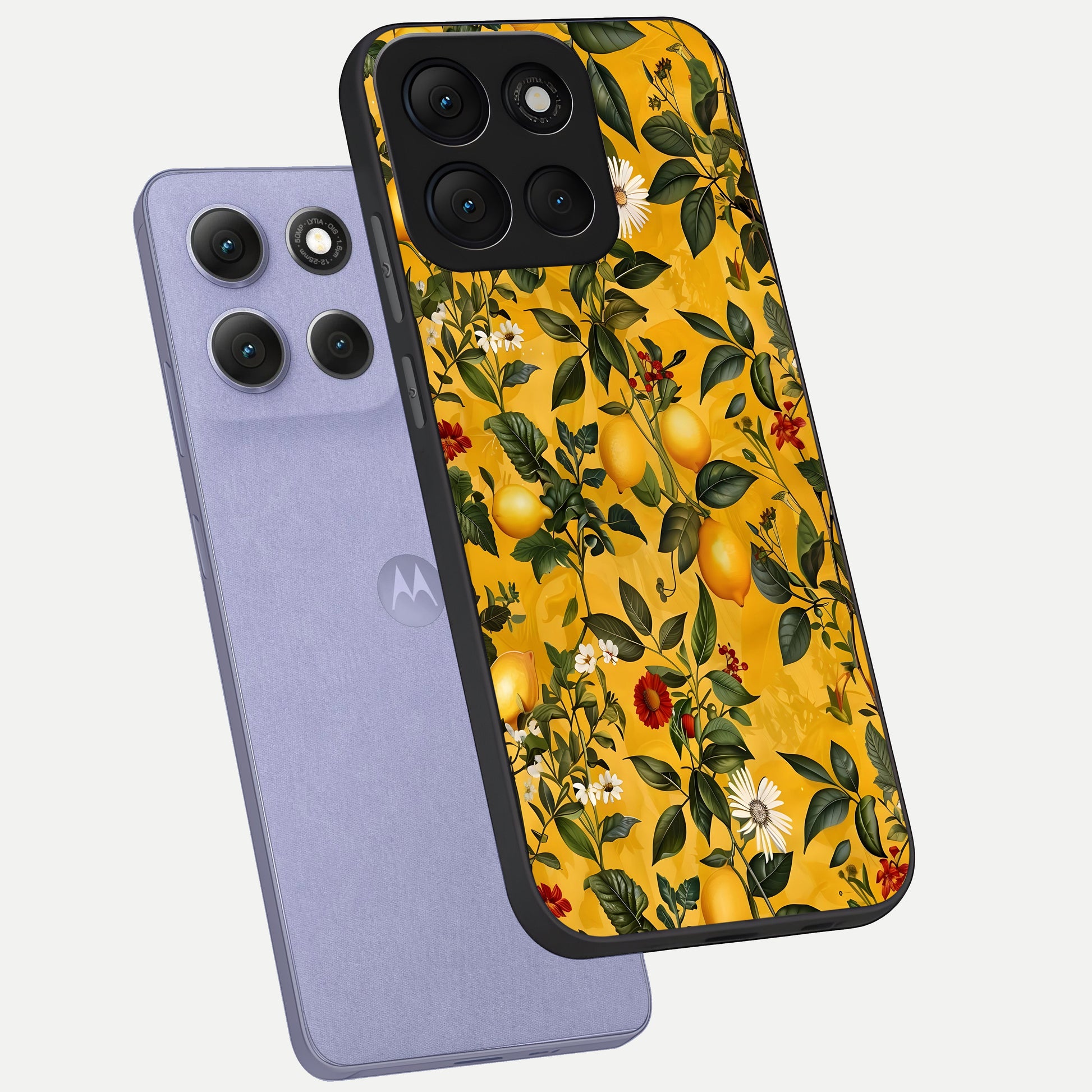  Golden Lemon Field phone case For Moto G86 Power showing premium glass back cover with detailed artwork