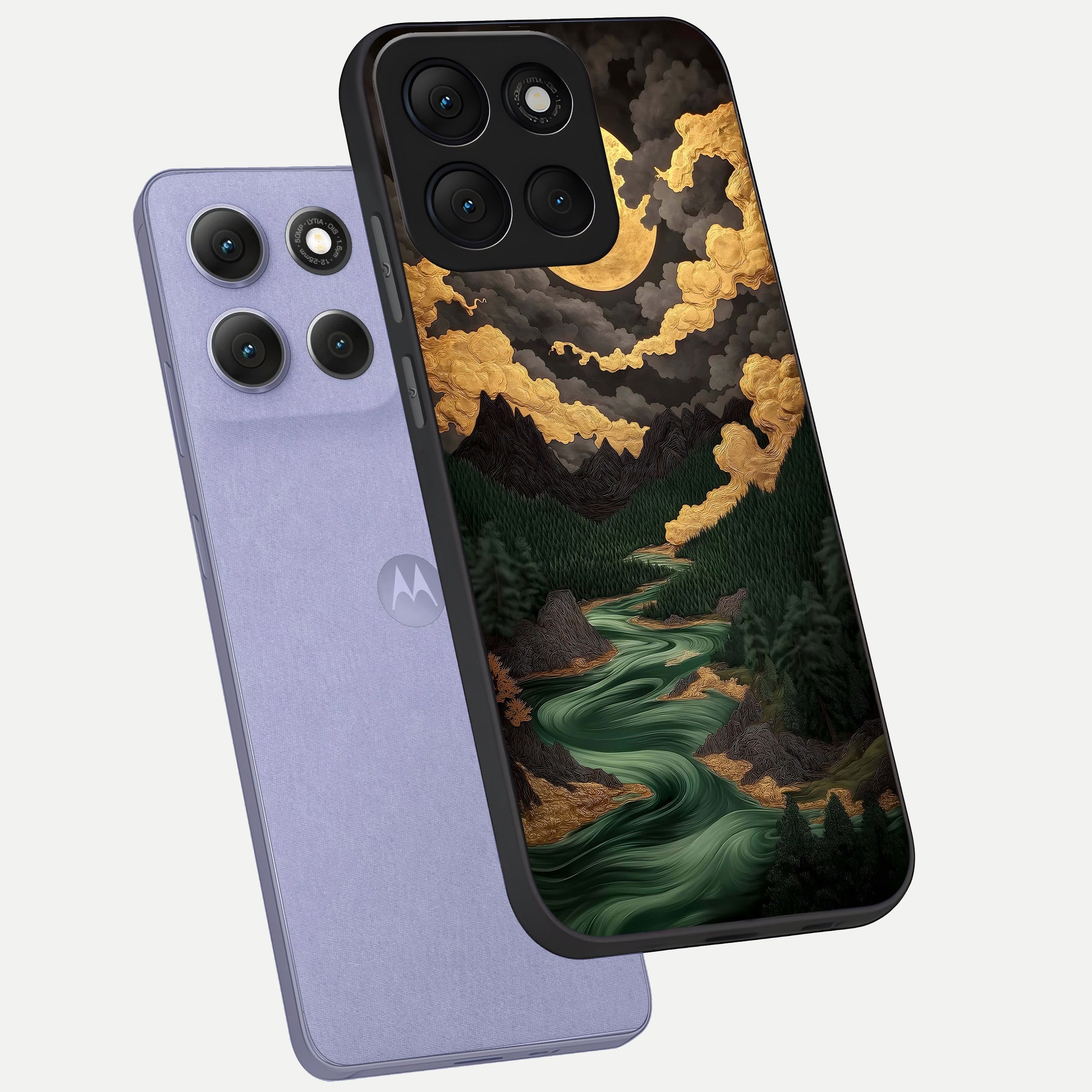  Golden River Moon phone case For Moto G86 Power showing premium glass back cover with detailed artwork