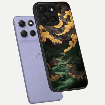  Golden River Moon phone case For Moto G86 Power showing premium glass back cover with detailed artwork
