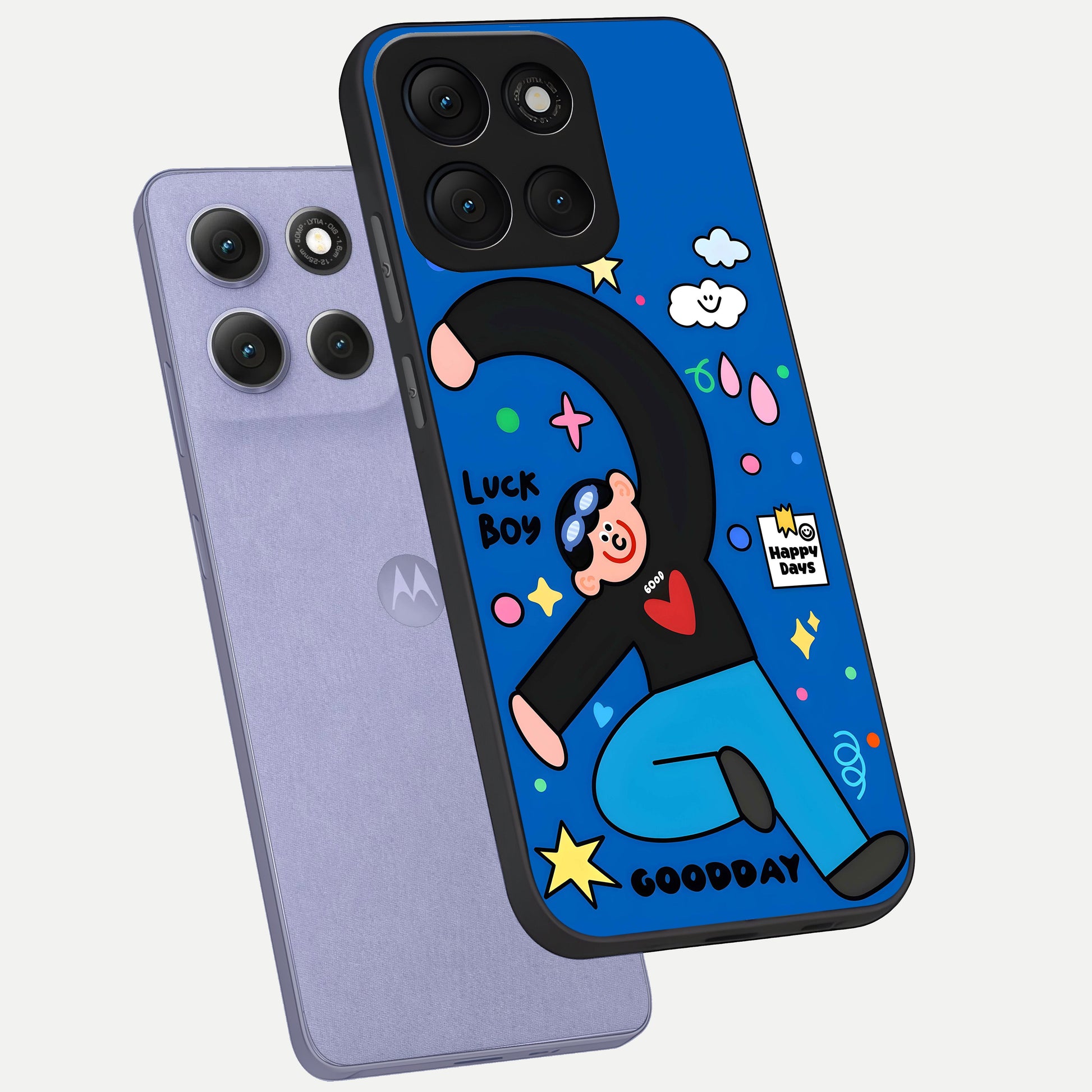  Happy Luck Vibe phone case For Moto G86 Power showing premium glass back cover with detailed artwork