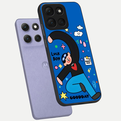  Happy Luck Vibe phone case For Moto G86 Power showing premium glass back cover with detailed artwork