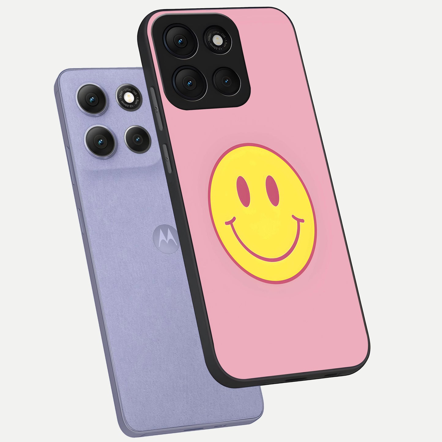  Happy Pink Mood phone case For Moto G86 Power showing premium glass back cover with detailed artwork