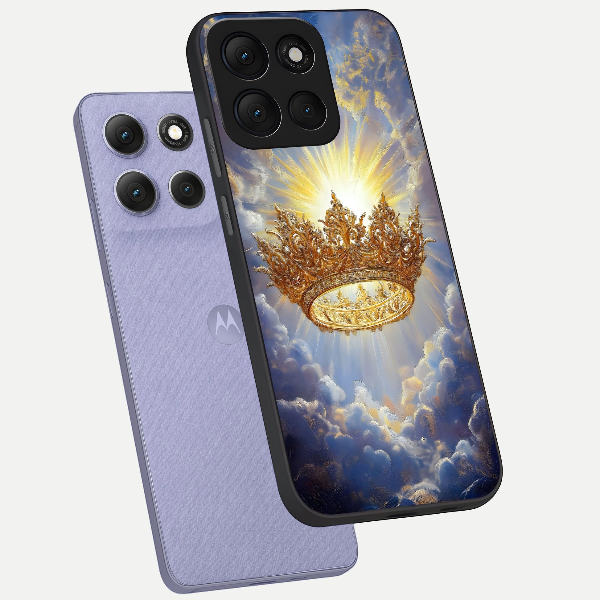  Heavenly Crown Light phone case For Moto G86 Power showing premium glass back cover with detailed artwork