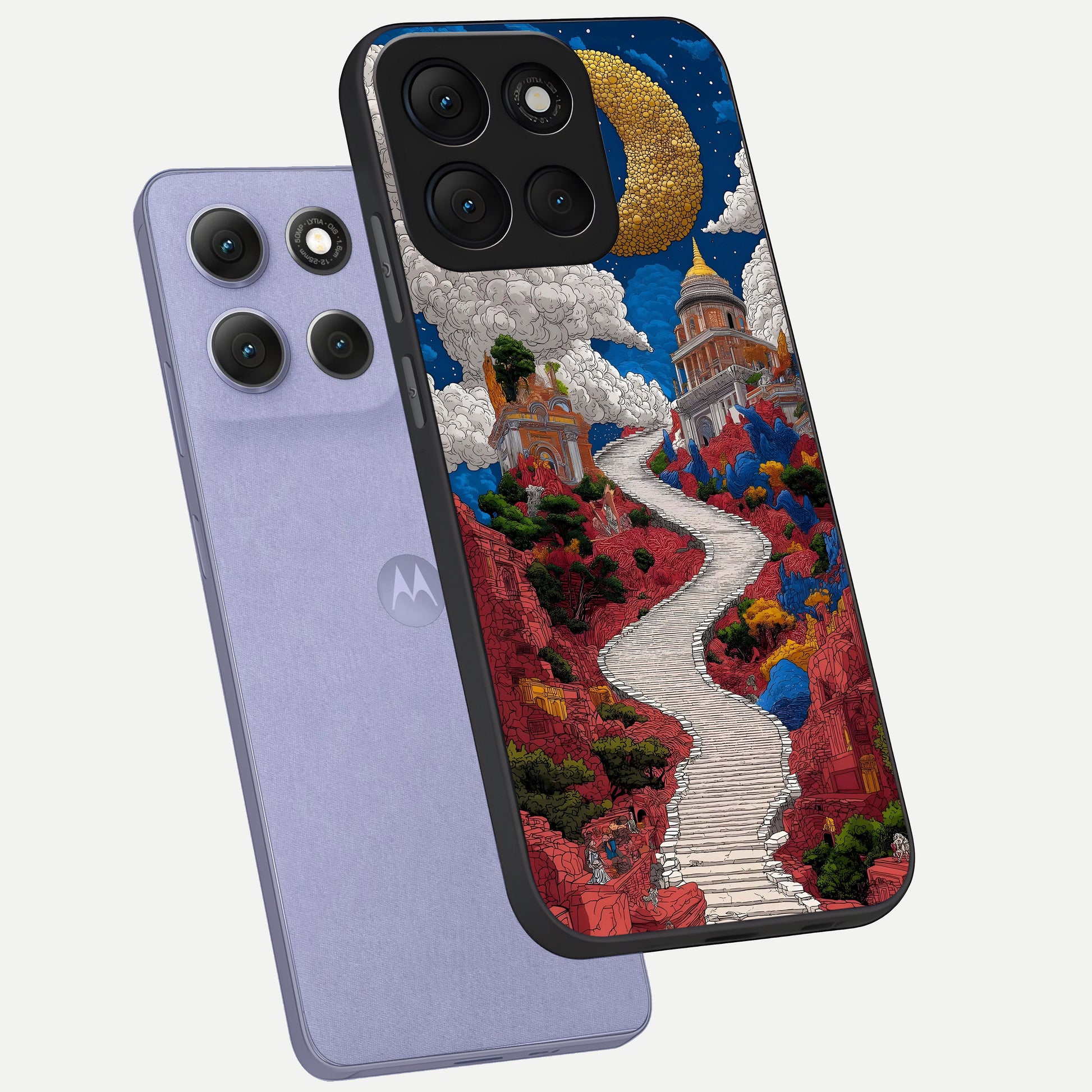  Heavenly Moon Path phone case For Moto G86 Power showing premium glass back cover with detailed artwork