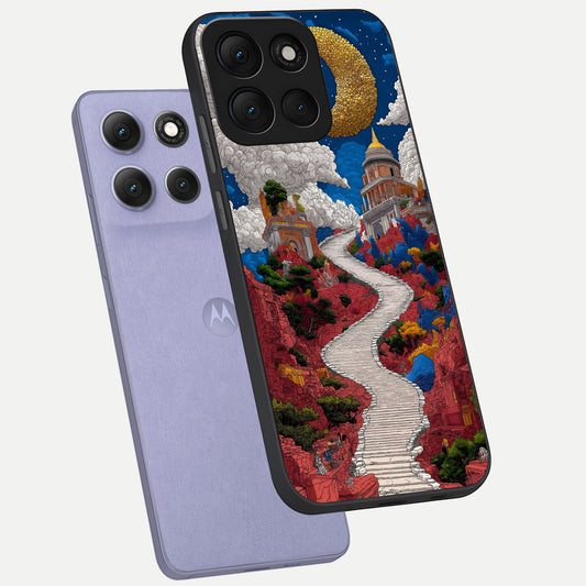  Heavenly Moon Path phone case For Moto G86 Power showing premium glass back cover with detailed artwork