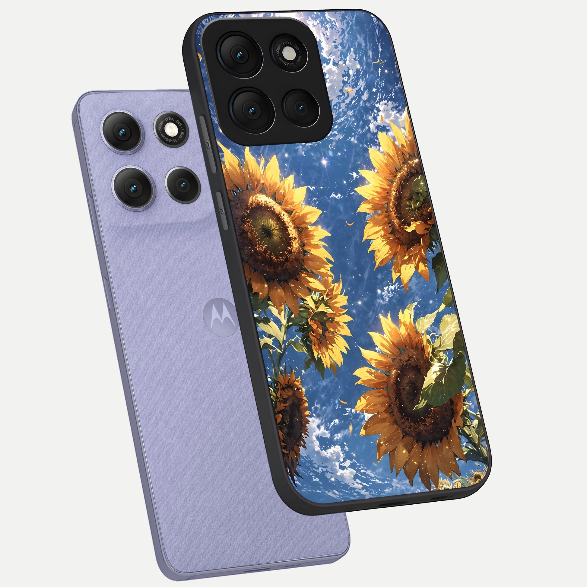  Heavenly Sunflower Rise phone case For Moto G86 Power showing premium glass back cover with detailed artwork