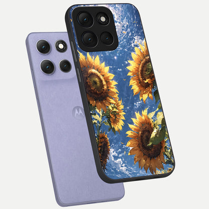  Heavenly Sunflower Rise phone case For Moto G86 Power showing premium glass back cover with detailed artwork