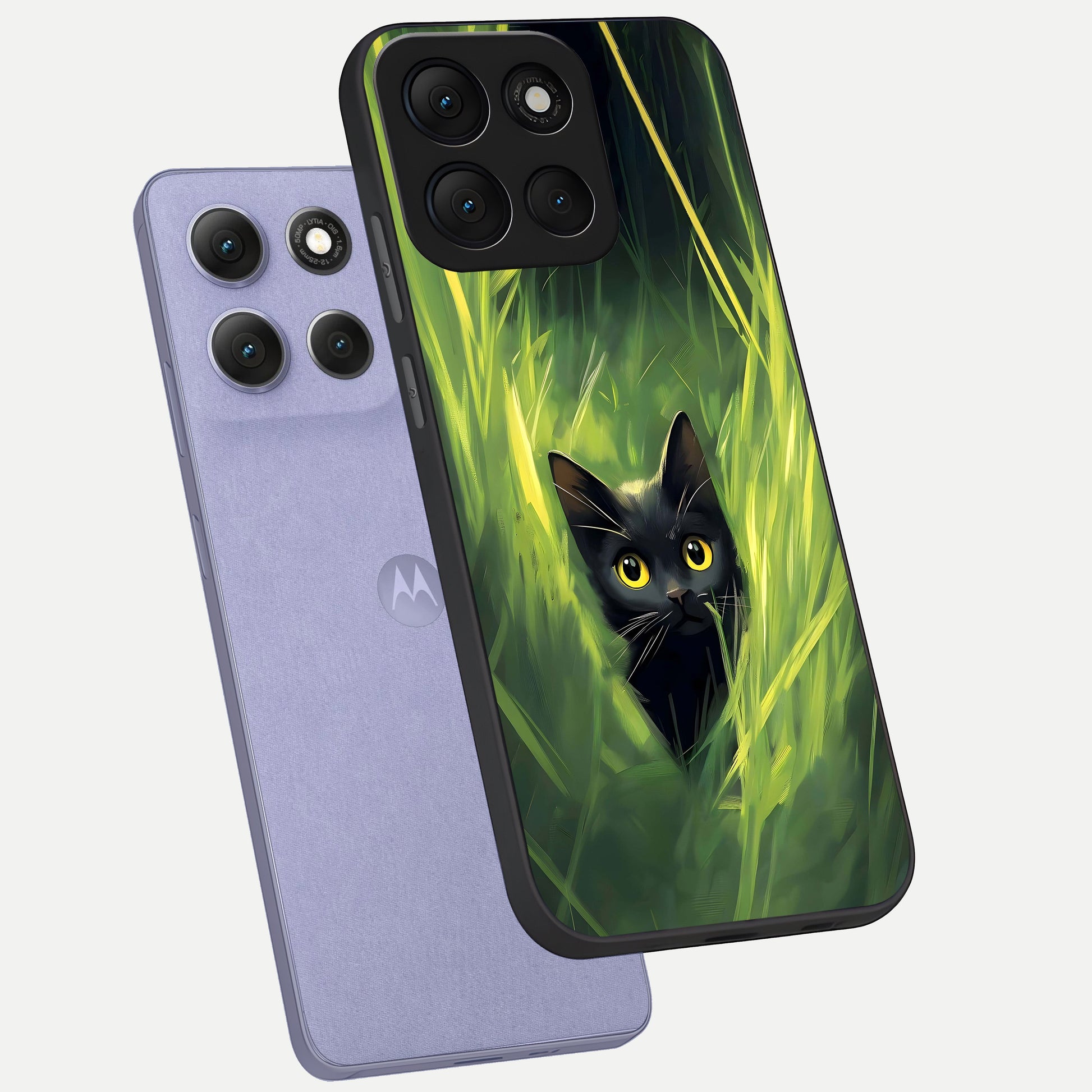  Hidden Cat Whisper phone case For Moto G86 Power showing premium glass back cover with detailed artwork