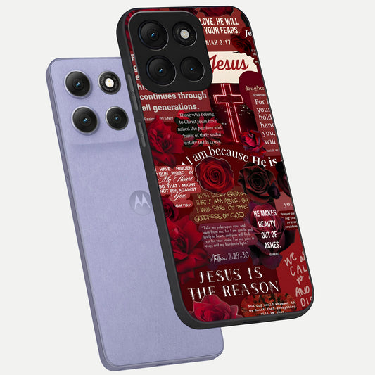  Jesus Love Heals phone case For Moto G86 Power showing premium glass back cover with detailed artwork
