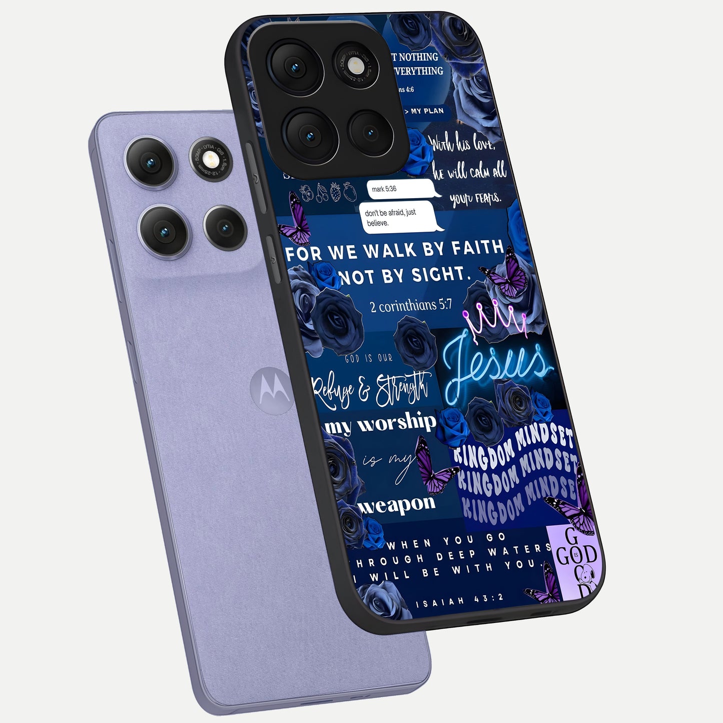  Kingdom Faith Glow phone case For Moto G86 Power showing premium glass back cover with detailed artwork