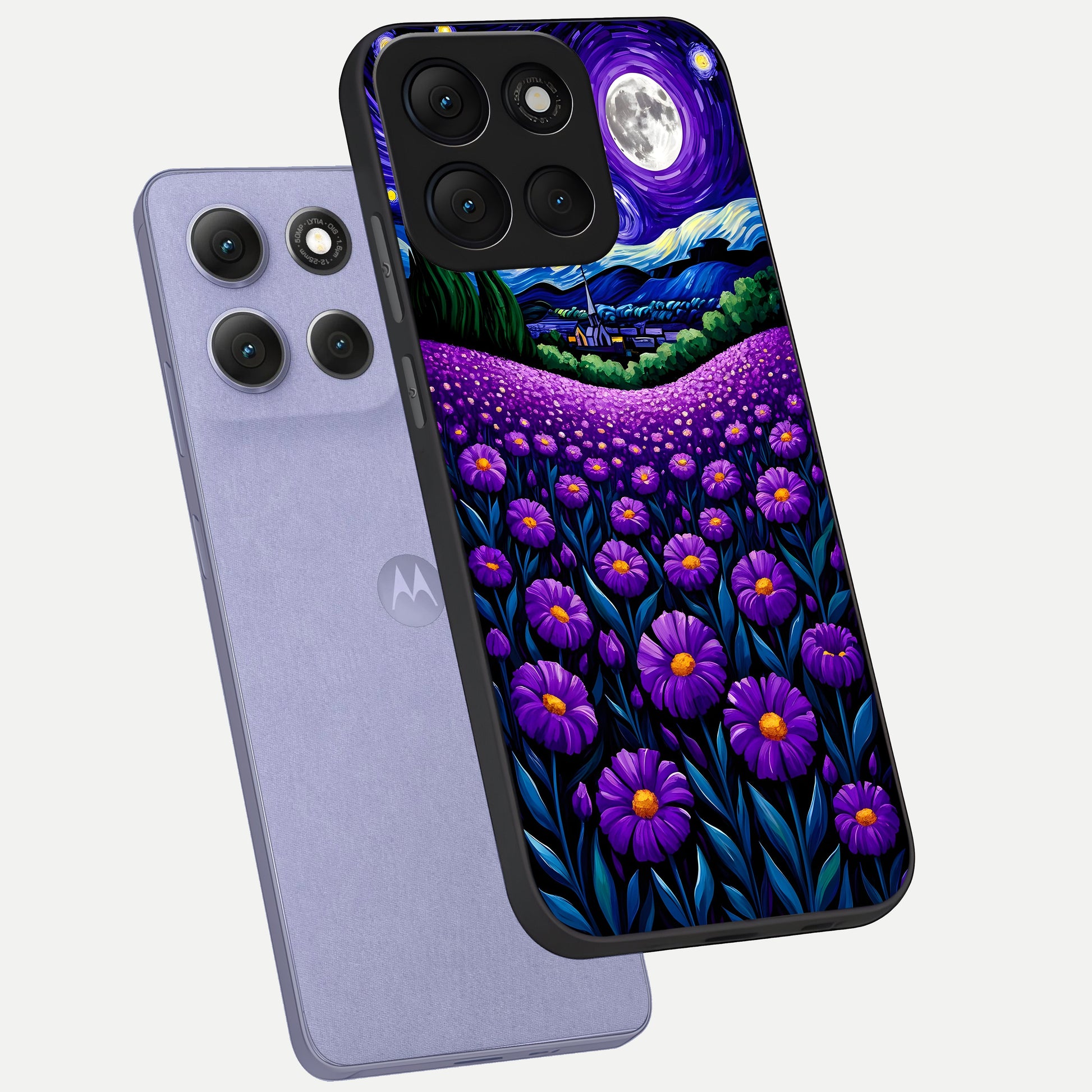  Lavender Moon Field phone case For Moto G86 Power showing premium glass back cover with detailed artwork