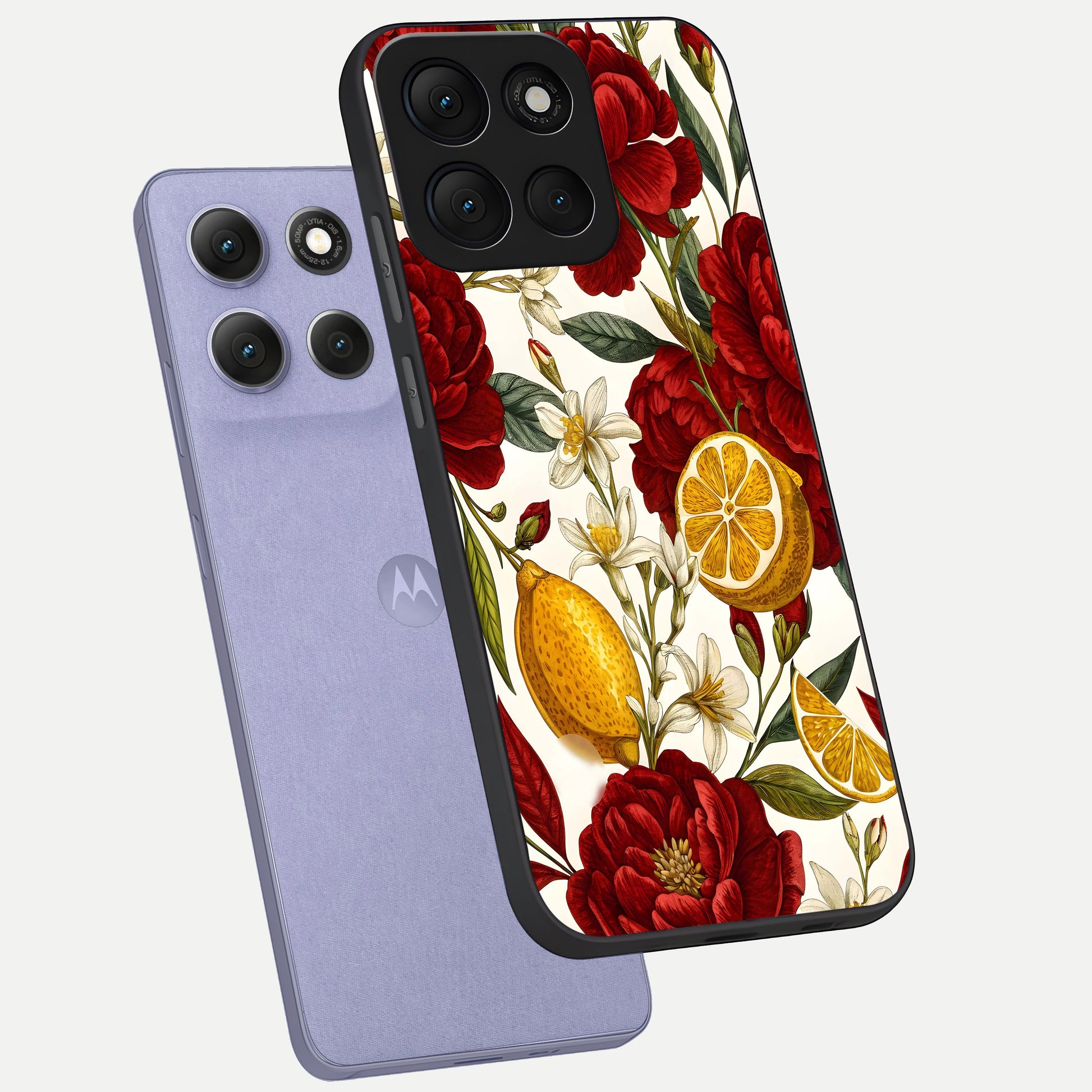  Lemon Rose Charm phone case For Moto G86 Power showing premium glass back cover with detailed artwork