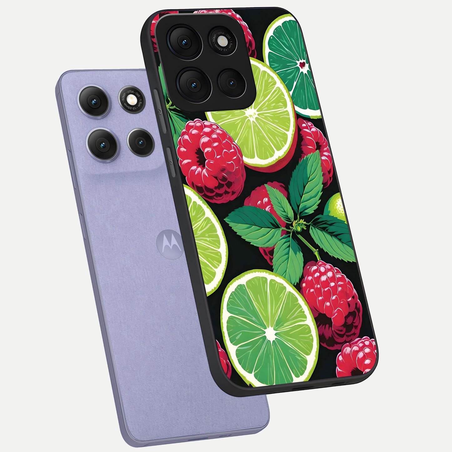  Lime and Raspberry Pattern phone case For Moto G86 Power showing premium glass back cover with detailed artwork