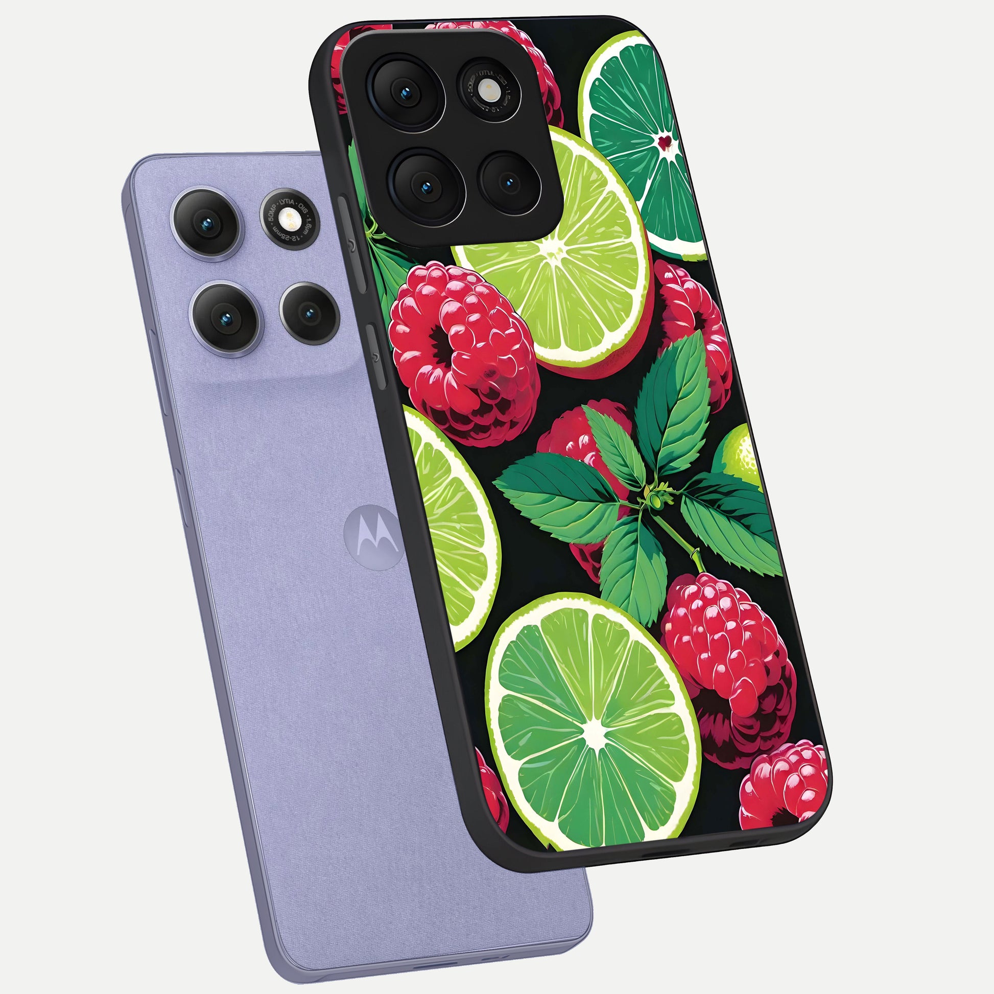  Lime and Raspberry Pattern phone case For Moto G86 Power showing premium glass back cover with detailed artwork
