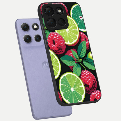  Lime and Raspberry Pattern phone case For Moto G86 Power showing premium glass back cover with detailed artwork