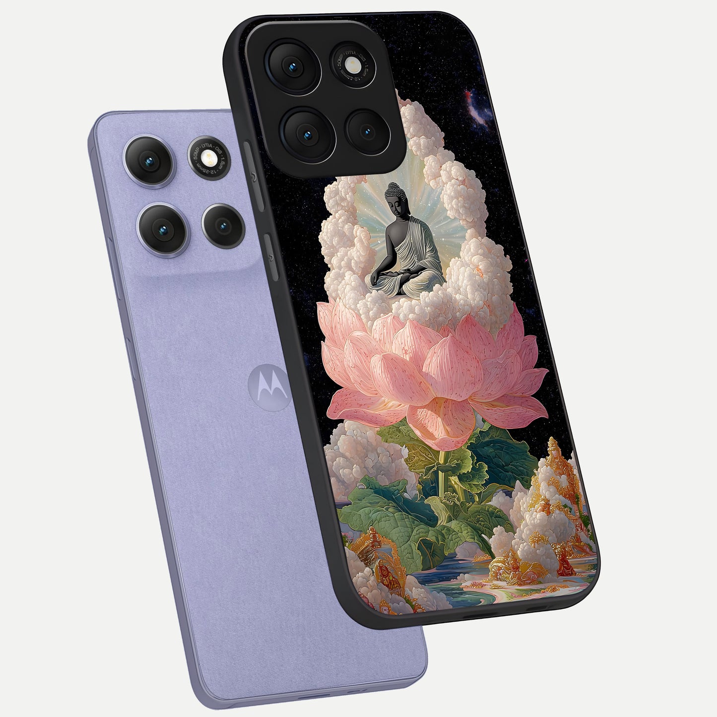  Lotus Divine Peace phone case For Moto G86 Power showing premium glass back cover with detailed artwork