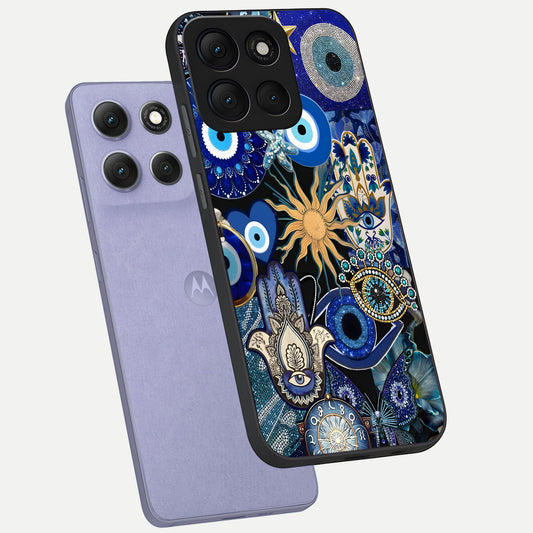  Mystic Blue Evil Eye phone case For Moto G86 Power showing premium glass back cover with detailed artwork