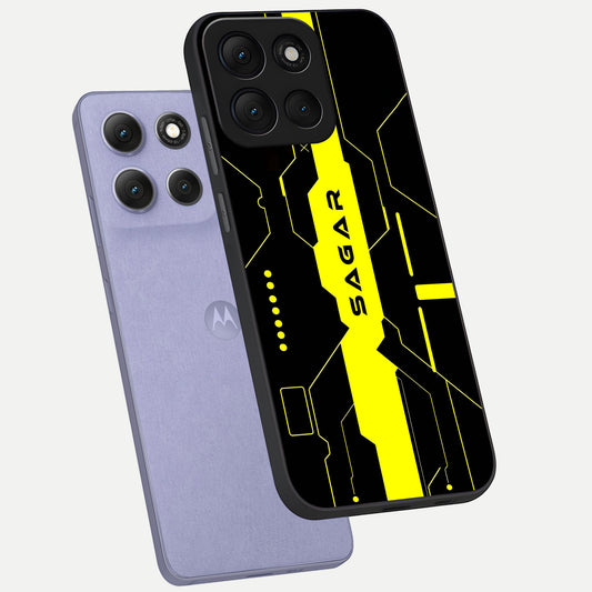  Neon CYBERPUNK Custom Name phone case For Moto G86 Power showing premium glass back cover with detailed artwork