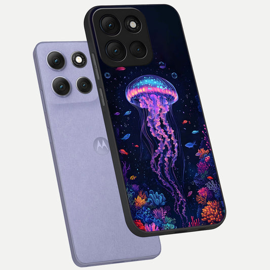  Neon Jellyfish phone case For Moto G86 Power showing premium glass back cover with detailed artwork