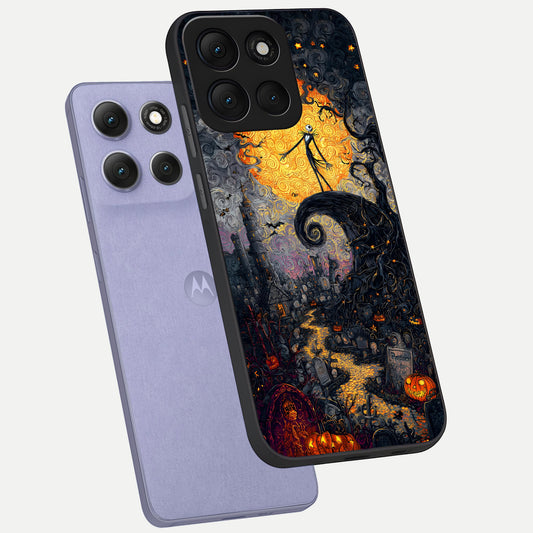  Pumpkin Moon Night phone case For Moto G86 Power showing premium glass back cover with detailed artwork