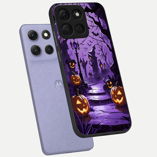  Pumpkin Patch Halloween phone case For Moto G86 Power showing premium glass back cover with detailed artwork