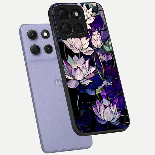  Purple Lotus Pattern phone case For Moto G86 Power showing premium glass back cover with detailed artwork